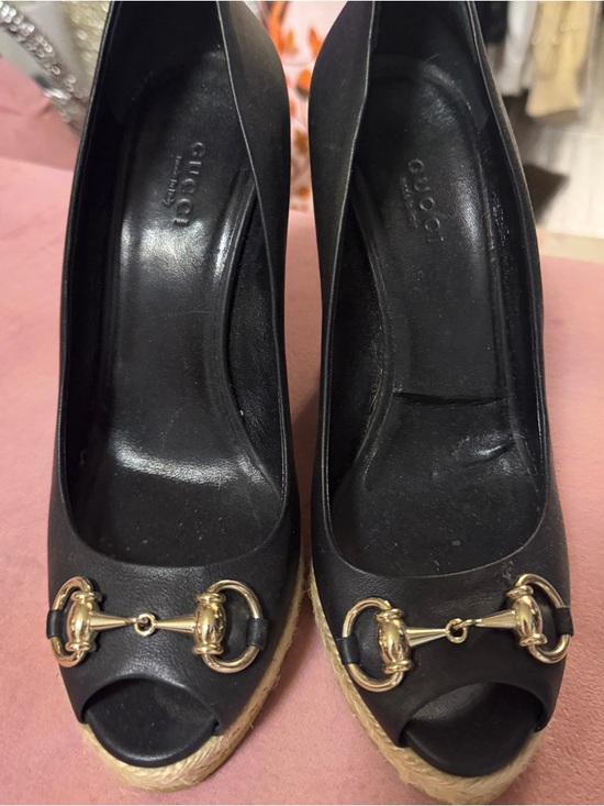 Gucci Shoes - Gucci Black Leather Wedge Espadrilles with Gold Horsebit